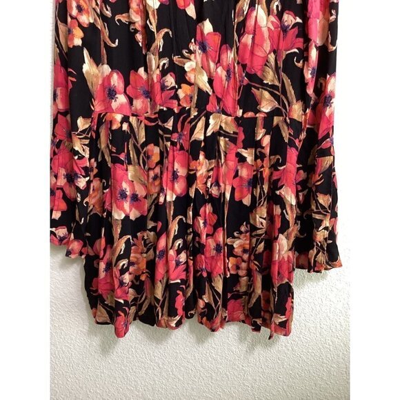 Free People Tegan Red Black Mini Dress Size 12 Bell Sleeves Pockets Boho Style - Picture 6 of 14